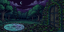 A moonlit forest clearing. A glowing summoning circle is drawn on the ground to the left, and a stone archway with a wooden door stands to the right.
